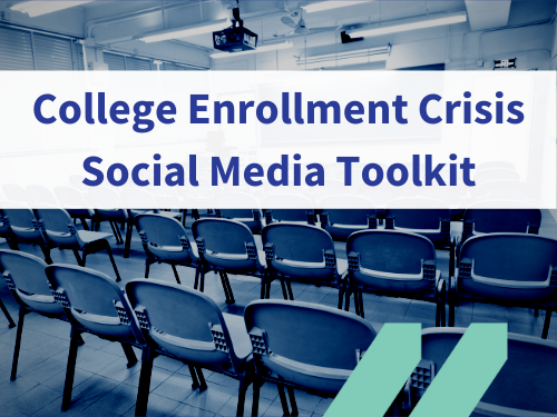 White banner contains royal blue text that reads: "College Enrollment Crisis Social Media Toolkit" over a background image of rows of chairs