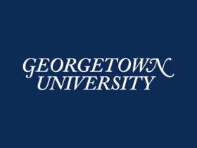 Georgetown University logo in white over a navy blue background