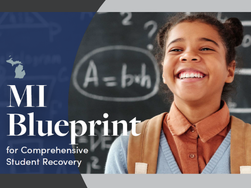 Title in white: "MI Blueprint for Comprehensive Student Recovery" over background image of young student smiling in front of chalkboard