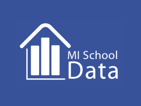 MI School Data logo in white over a royal blue background