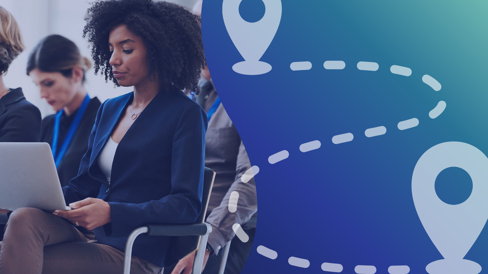 Woman working on laptop next to a graphic of two points connected by a dotted line