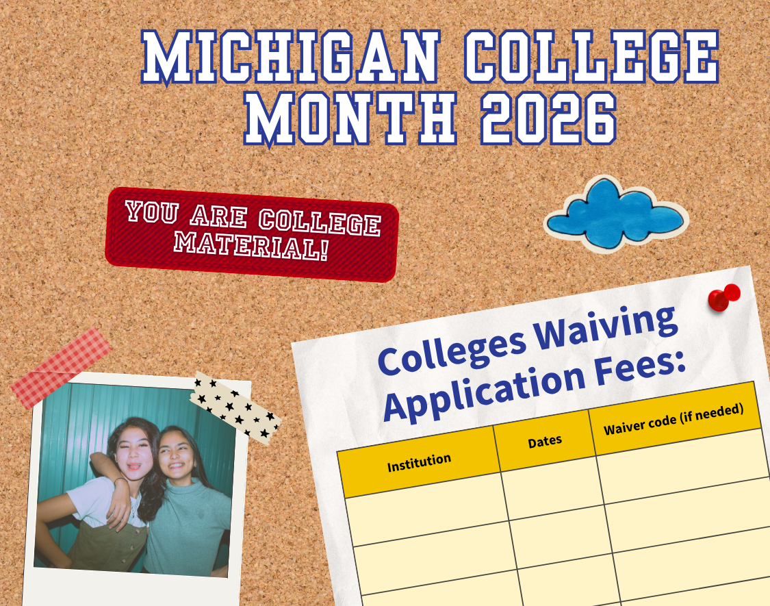 A bulletin board that says Michigan College Month 2026 and has photos and stickers attached.
